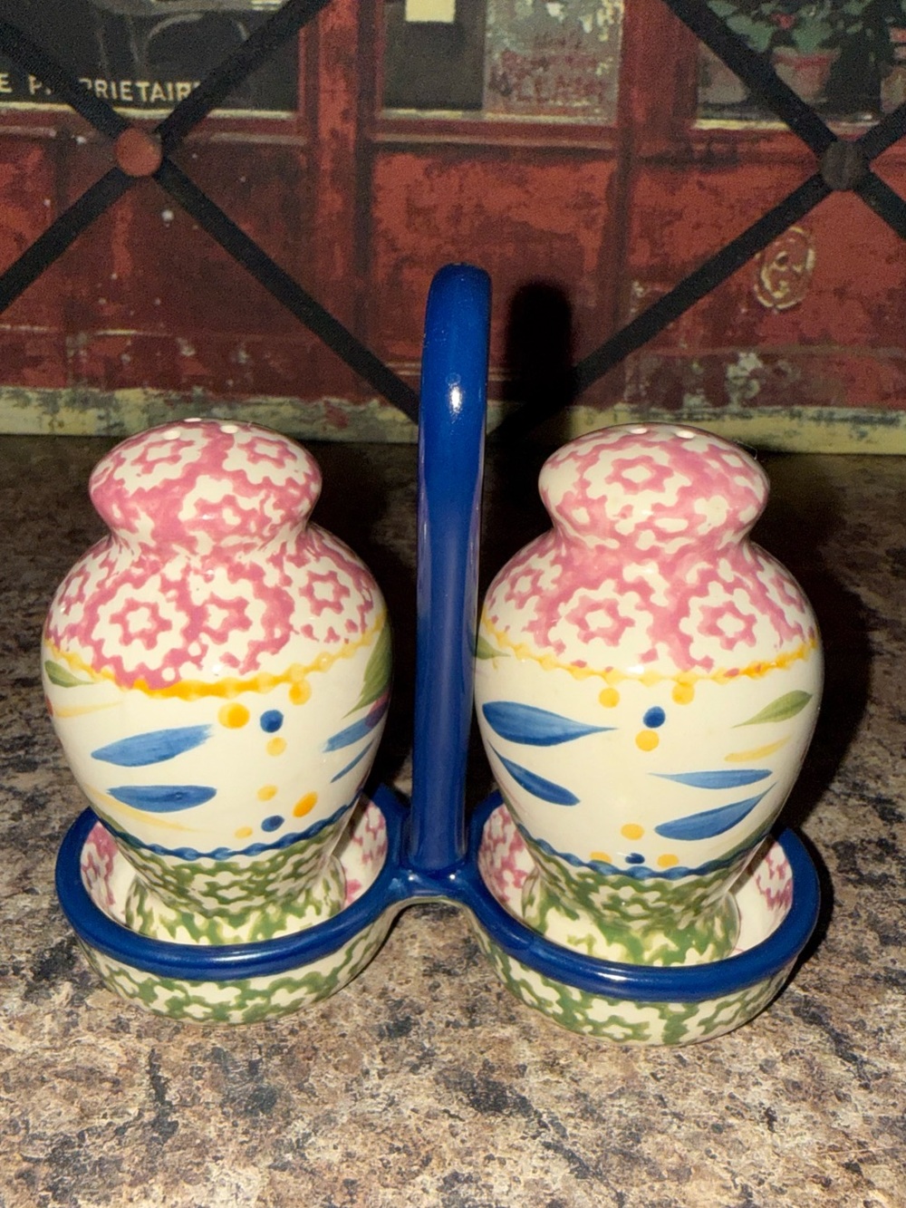 Temptations Old World Confetti Ceramic Salt and Pepper Shakers w Caddy